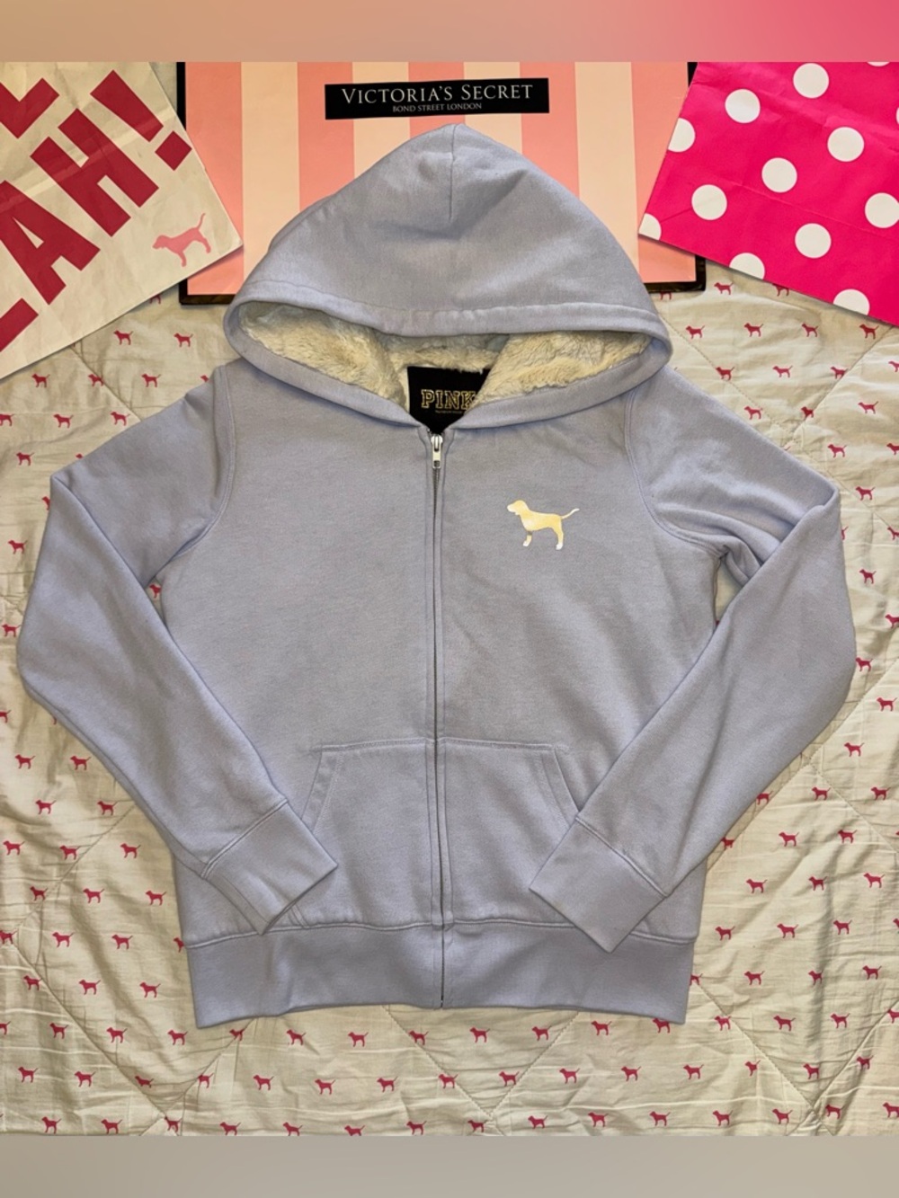 ❌SOLD❌VS PINK VINTAGE Y2K FUR LINED ZIP HOODIE SWEATSHIRT PURPLE 86 BLING LOGO - Picture 5 of 11